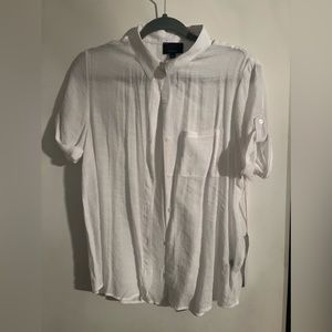 White linen short sleeve button up blouse